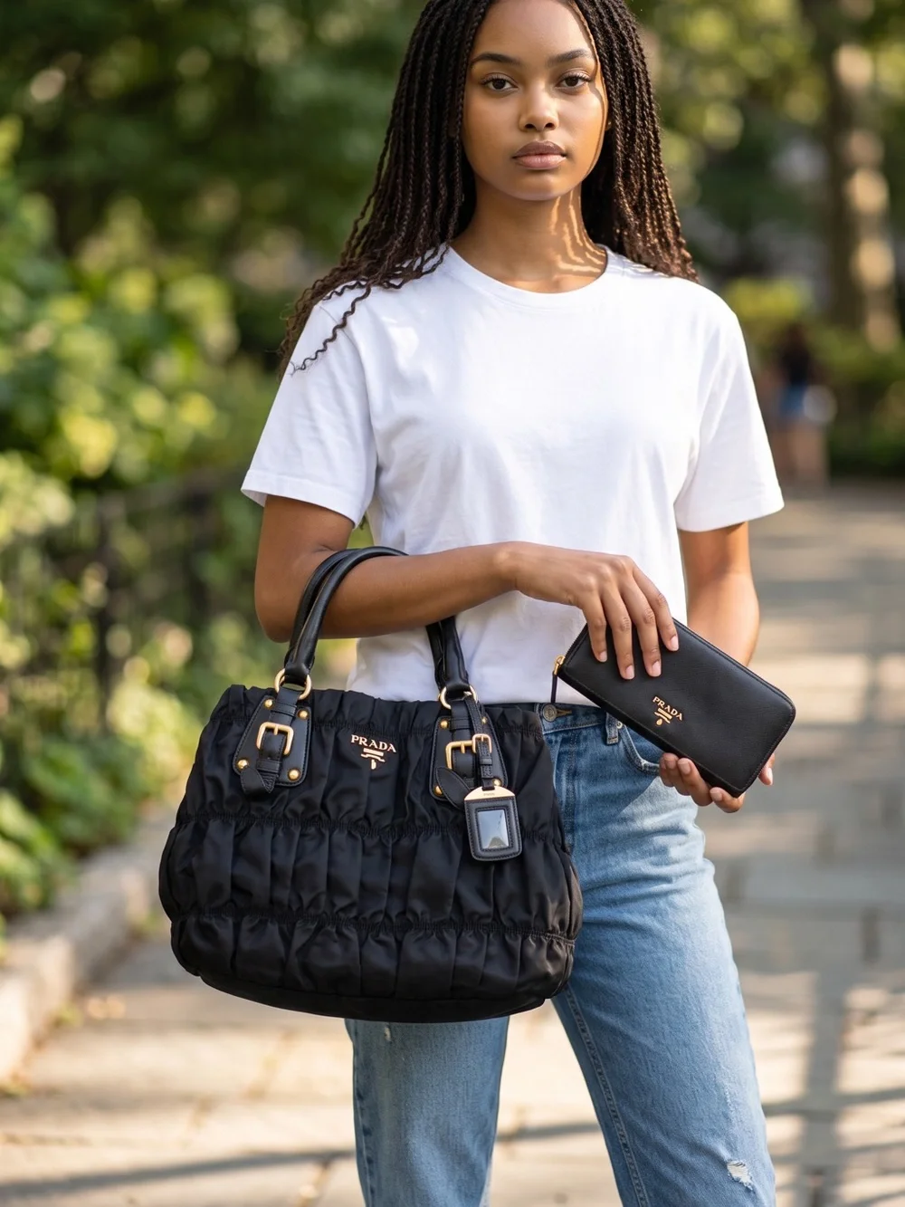 Prada Black Gathered Nylon Tote with Gold Hardware and Matching Wallet